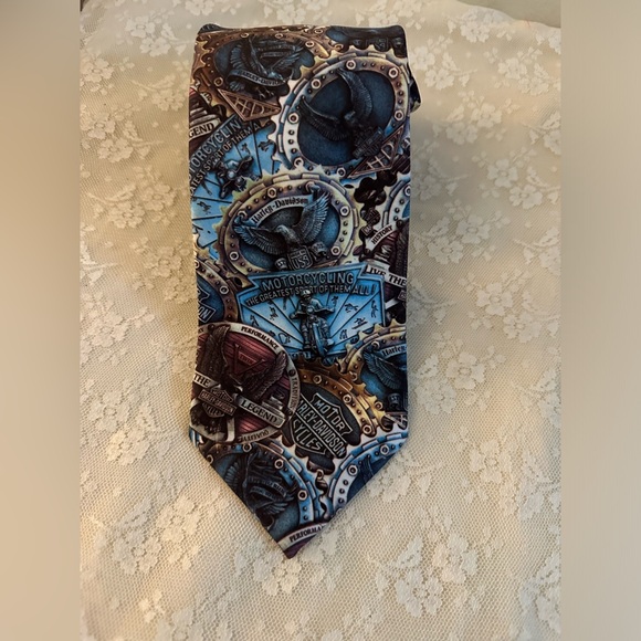 Harley Davidson Motorcycle Ralph Marlin Mens Neck Tie Belt Buckle Pattern 1994 - Picture 4 of 4